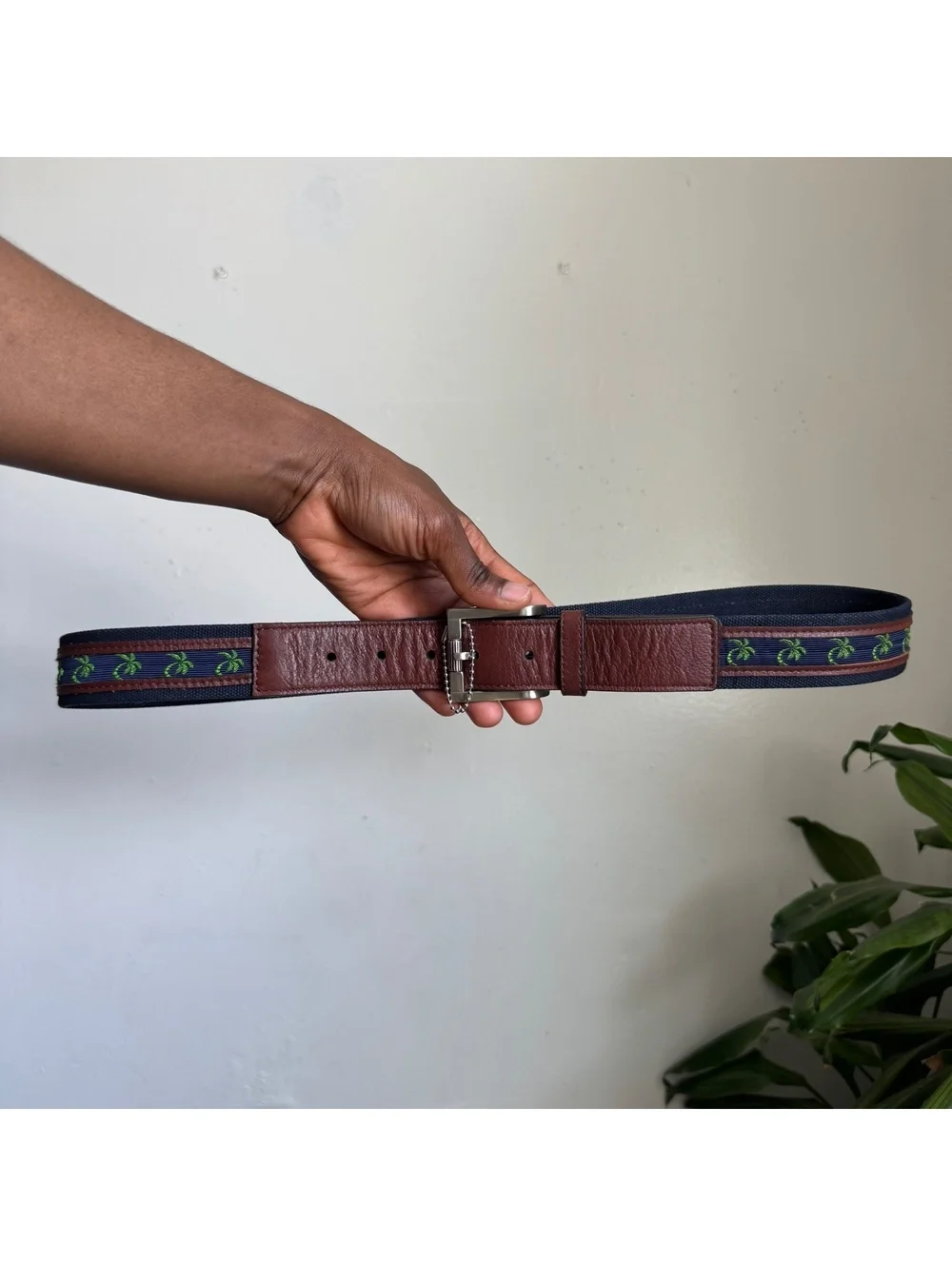 Vintage Preppy Embroidered Palm Tree Surcingle leather Belt Leather fits like L